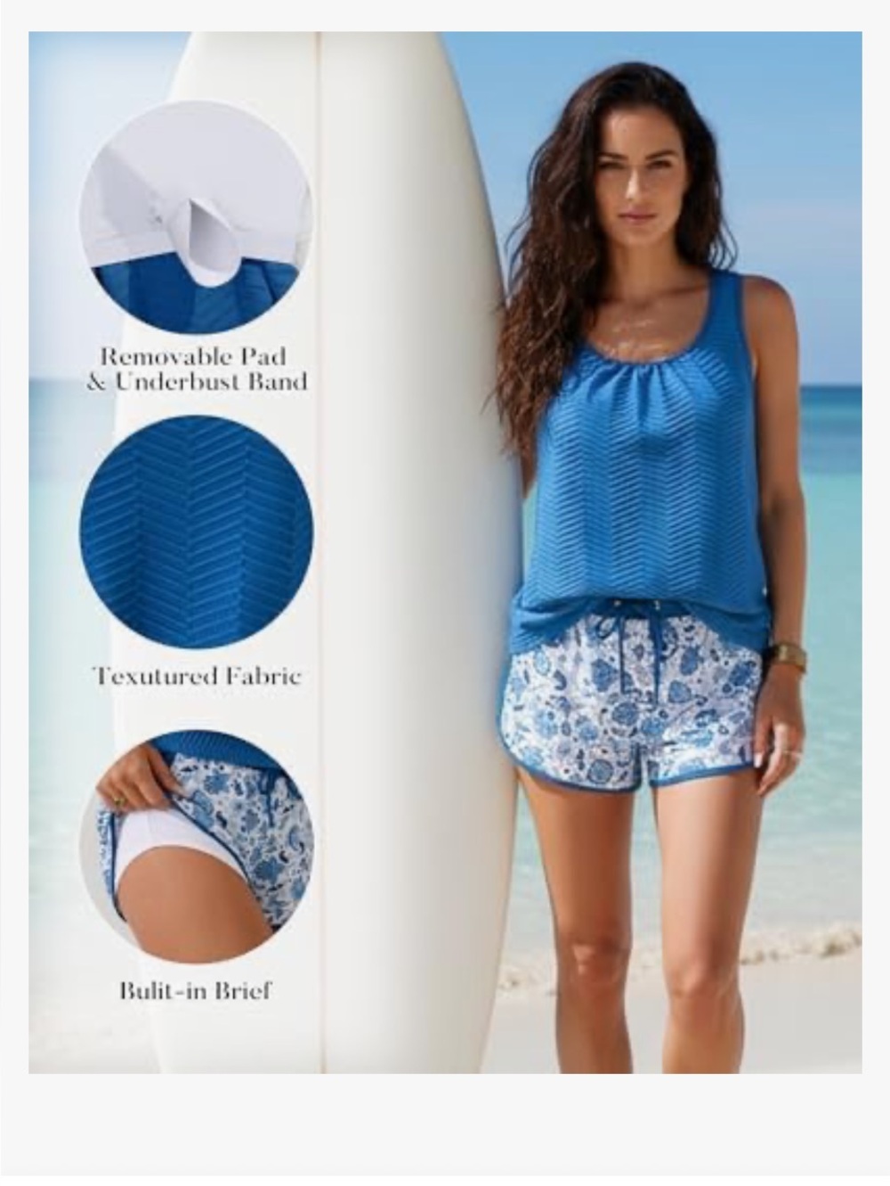 Aidonger Blue Two-Piece Tankini Set with Floral Shorts SIZE SMALL NWT
